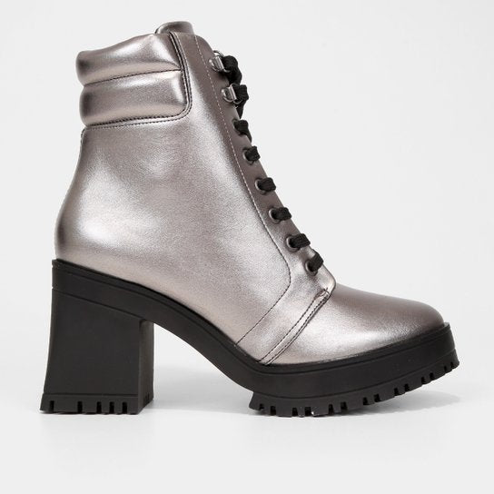 Bota Coturno Vizzano Metalizada Salto Alto Feminina – Prata