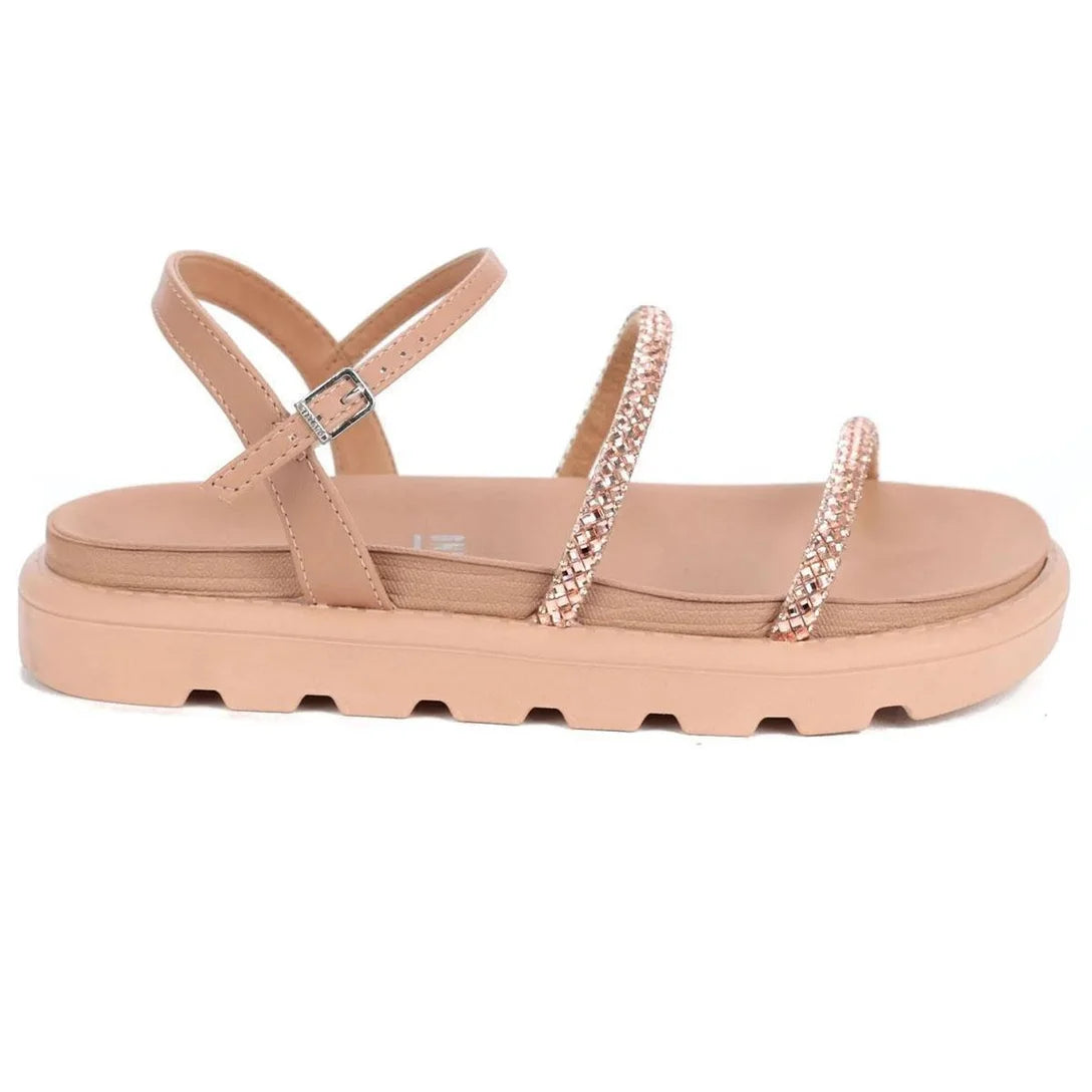 Rasteira Vizzano Flatform Tiras Strass Feminina – Nude
