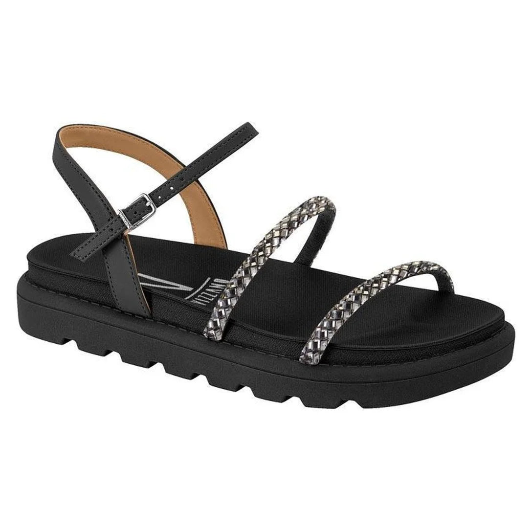 Sandália Rasteira Papete Feminina Strass Brilho Flat Tratorada Confortável – Preto